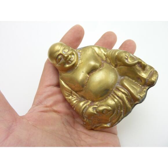Vintage Small Brass Sitting Smiling Buddha Figurine Paperweight Decor - Picture 5 of 5